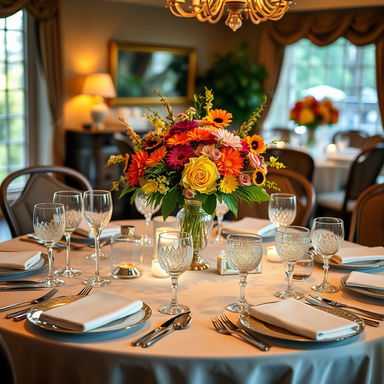 A beautifully set dining table adorned with exquisite dinnerware, sparkling crystal glassware, and elegant silver cutlery