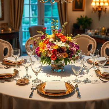 A beautifully set dining table adorned with exquisite dinnerware, sparkling crystal glassware, and elegant silver cutlery