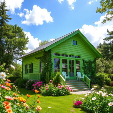 A vibrant green house nestled in a lush garden, surrounded by blooming flowers and tall trees