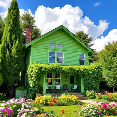 A vibrant green house nestled in a lush garden, surrounded by blooming flowers and tall trees