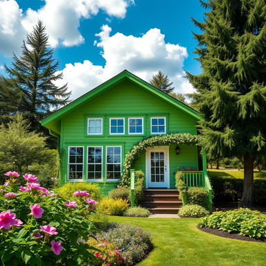 A vibrant green house nestled in a lush garden, surrounded by blooming flowers and tall trees