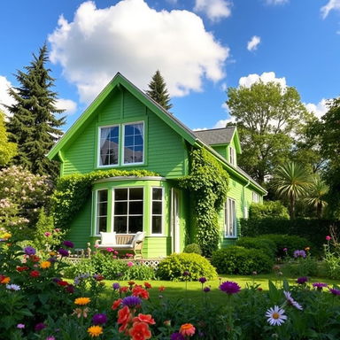 A vibrant green house nestled in a lush garden, surrounded by blooming flowers and tall trees