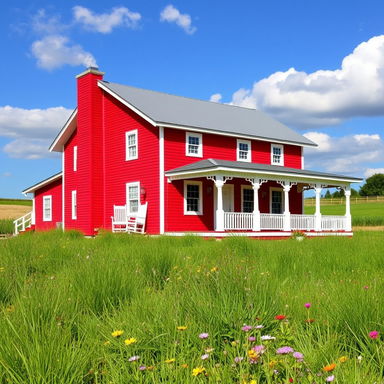 A striking red house standing proudly in a serene countryside setting, surrounded by green grass and colorful wildflowers