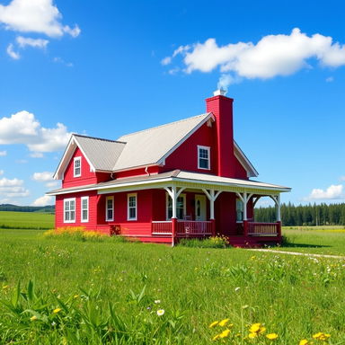 A striking red house standing proudly in a serene countryside setting, surrounded by green grass and colorful wildflowers