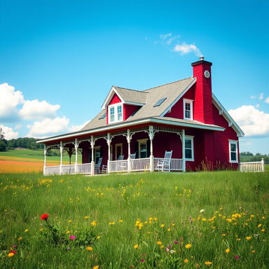 A striking red house standing proudly in a serene countryside setting, surrounded by green grass and colorful wildflowers