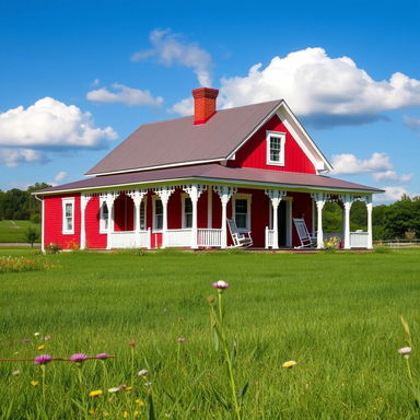 A striking red house standing proudly in a serene countryside setting, surrounded by green grass and colorful wildflowers