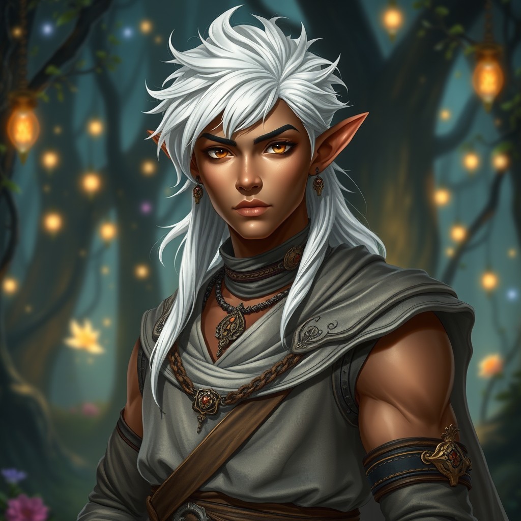 A semi-elf with a mulatto skin tone, standing 1