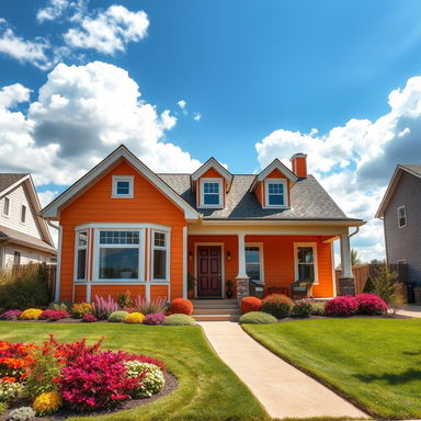 An eye-catching orange house situated in a sunny neighborhood, surrounded by a well-maintained lawn filled with colorful flowers and shrubs