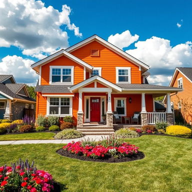 An eye-catching orange house situated in a sunny neighborhood, surrounded by a well-maintained lawn filled with colorful flowers and shrubs