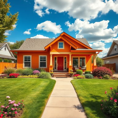 An eye-catching orange house situated in a sunny neighborhood, surrounded by a well-maintained lawn filled with colorful flowers and shrubs