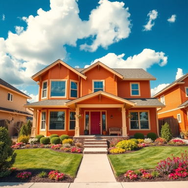 An eye-catching orange house situated in a sunny neighborhood, surrounded by a well-maintained lawn filled with colorful flowers and shrubs
