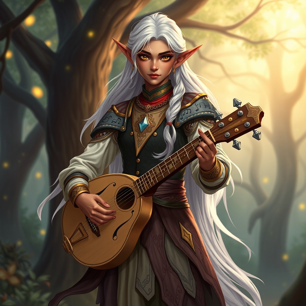 A semi-elf bard character for Dungeons & Dragons, standing at 1