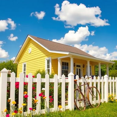 A charming yellow house with a white picket fence, surrounded by a lush green garden filled with colorful flowers