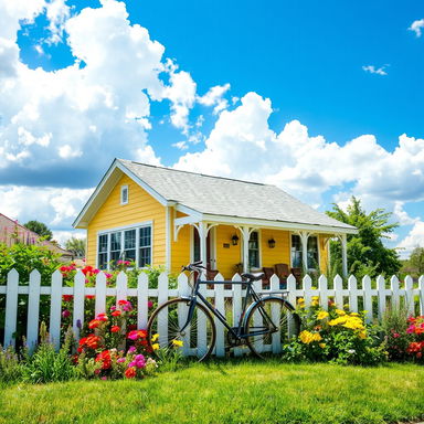 A charming yellow house with a white picket fence, surrounded by a lush green garden filled with colorful flowers