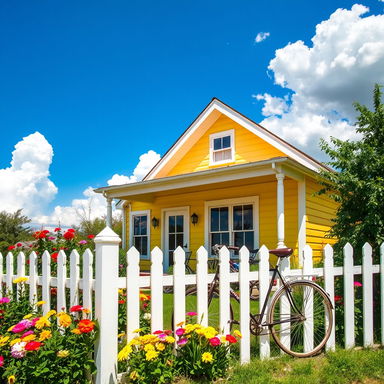 A charming yellow house with a white picket fence, surrounded by a lush green garden filled with colorful flowers