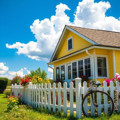 A charming yellow house with a white picket fence, surrounded by a lush green garden filled with colorful flowers