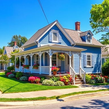 A picturesque blue house nestled on a serene street, featuring a classic design with white trim and a cozy porch adorned with potted plants