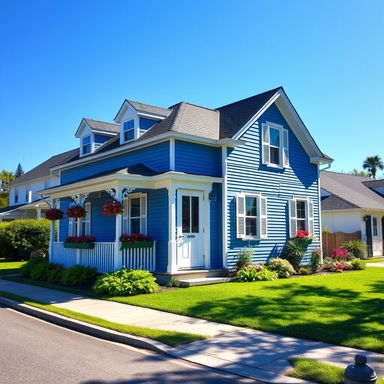 A picturesque blue house nestled on a serene street, featuring a classic design with white trim and a cozy porch adorned with potted plants