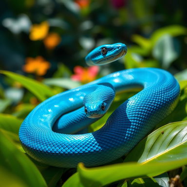 A striking blue snake coiled elegantly on a bed of vibrant green leaves in a sunlit jungle