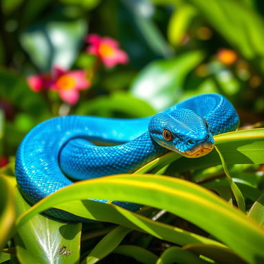 A striking blue snake coiled elegantly on a bed of vibrant green leaves in a sunlit jungle