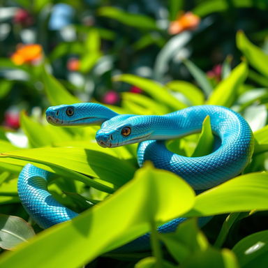 A striking blue snake coiled elegantly on a bed of vibrant green leaves in a sunlit jungle