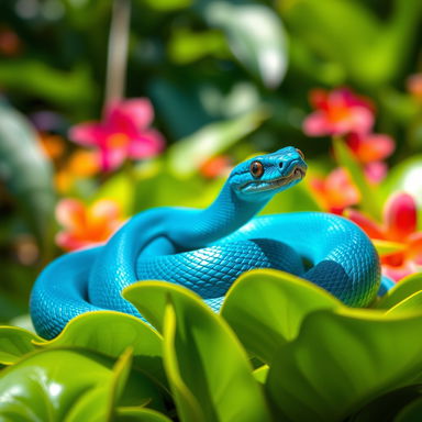 A striking blue snake coiled elegantly on a bed of vibrant green leaves in a sunlit jungle