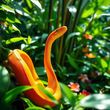 A vibrant orange snake coiled gracefully among lush green foliage in a sunlit rainforest
