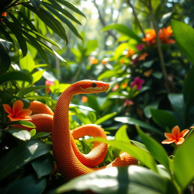 A vibrant orange snake coiled gracefully among lush green foliage in a sunlit rainforest