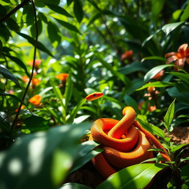 A vibrant orange snake coiled gracefully among lush green foliage in a sunlit rainforest