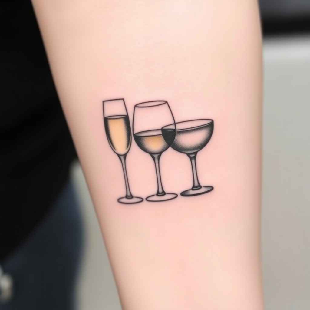 A minimalist tattoo design featuring a stylized champagne flute, a sleek wine glass, and a traditional sake cup arranged in a harmonious composition