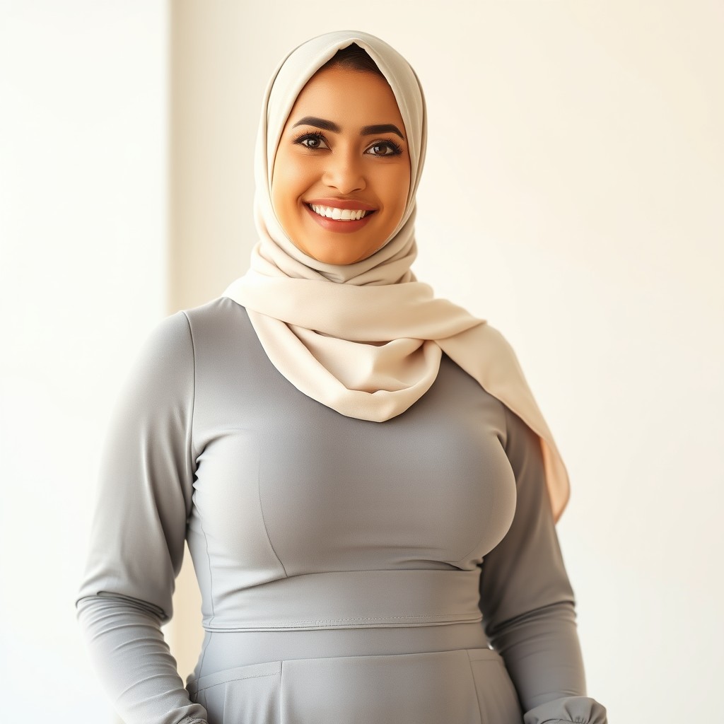 A charming woman wearing a hijab, dressed in a mini dress that gently hugs her curves