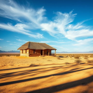 A solitary house in the middle of a vast desert landscape, surrounded by golden sands and sparse vegetation