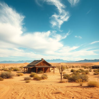 A solitary house in the middle of a vast desert landscape, surrounded by golden sands and sparse vegetation