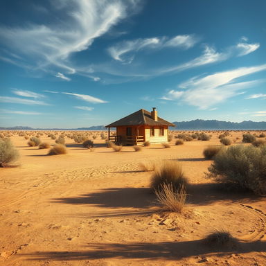 A solitary house in the middle of a vast desert landscape, surrounded by golden sands and sparse vegetation