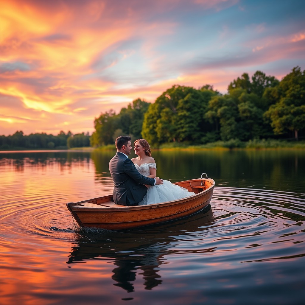 A beautiful romantic scene featuring a couple on a small wooden boat, gently floating on a serene lake during sunset