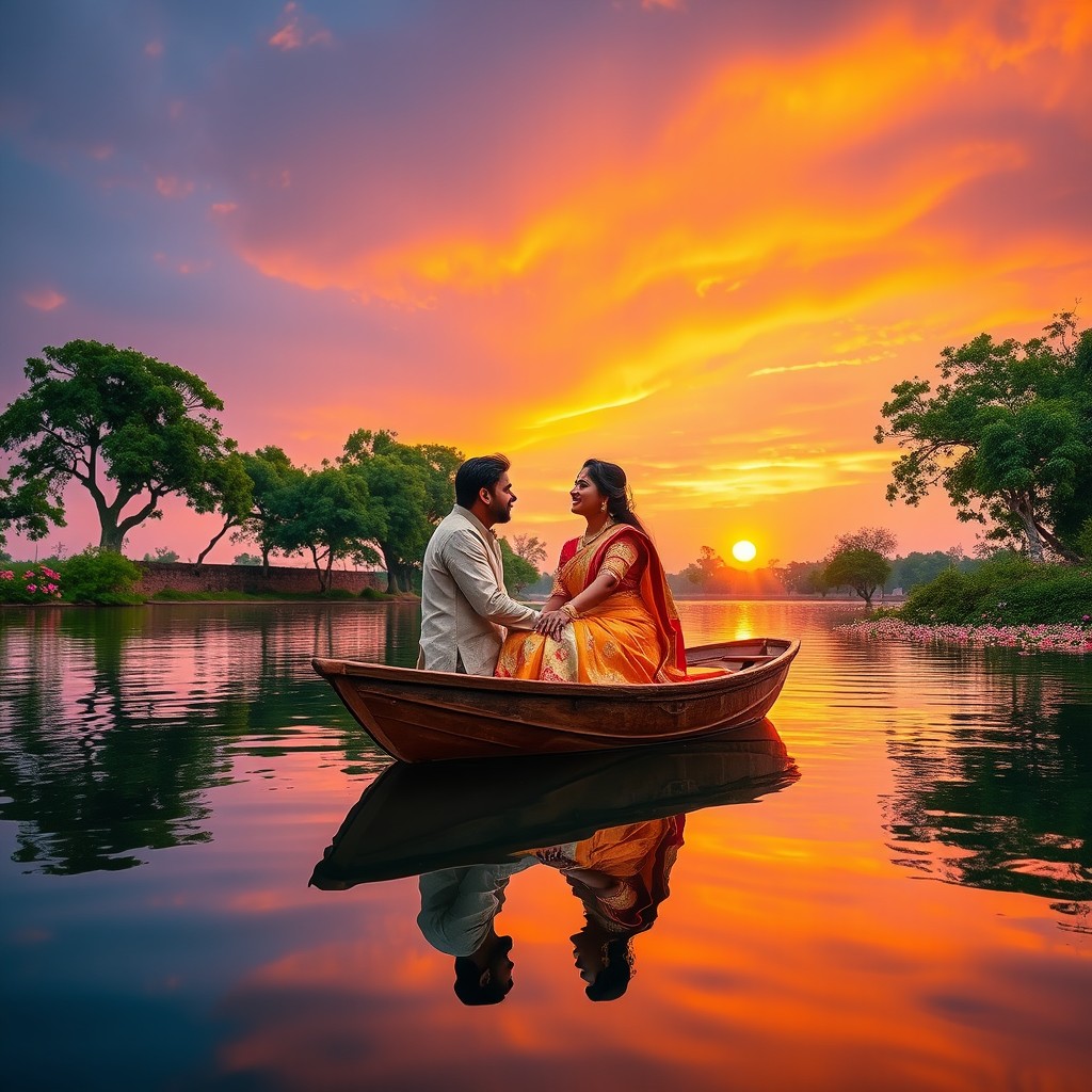 A beautiful romantic scene featuring an Indian couple on a traditional wooden boat, gently floating on a serene lake during sunset