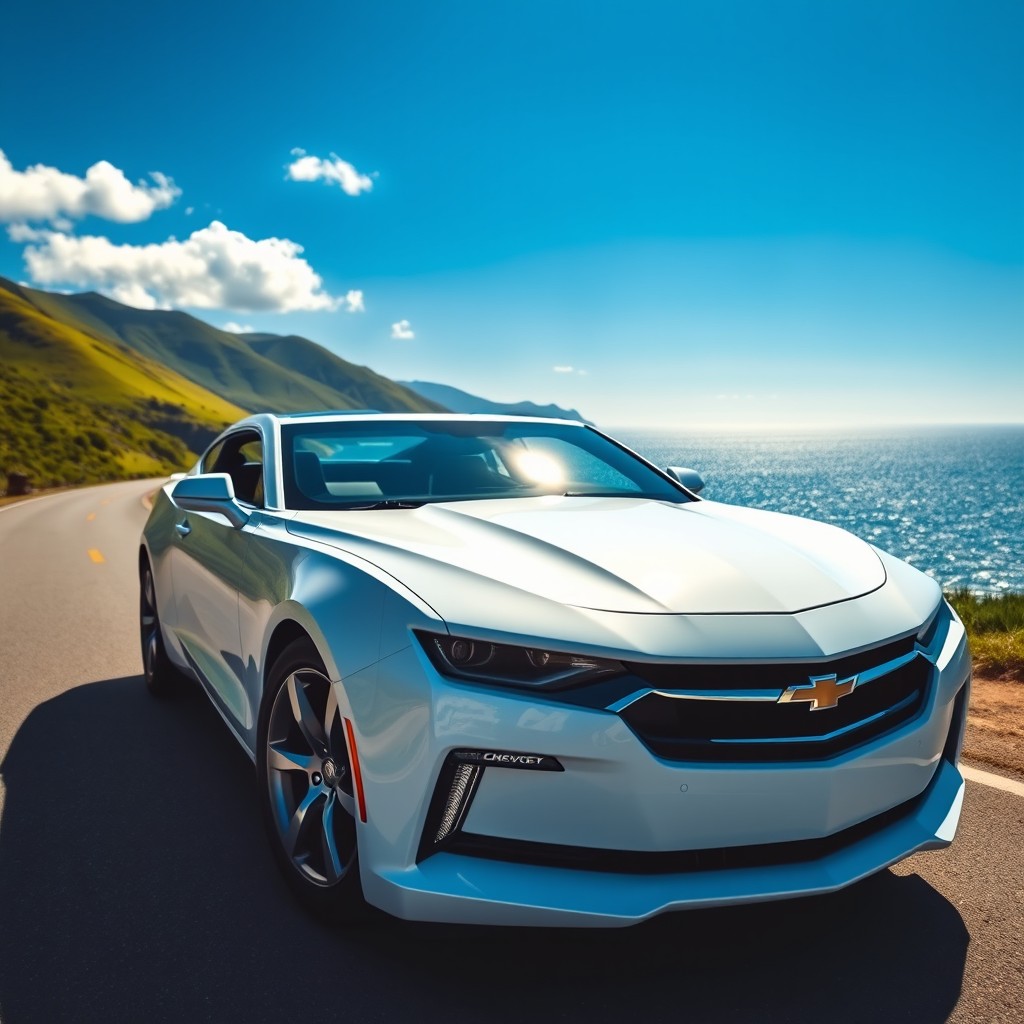 A pristine white Chevrolet car parked on a scenic coastal road