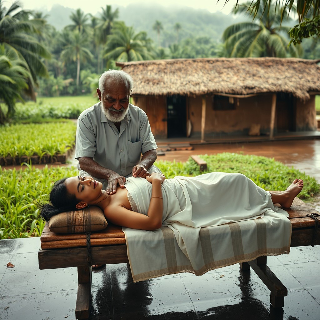 In a rural South Indian village, an elderly man with a kind expression is giving a traditional oil massage to a young woman calmly resting on a wooden cot in an open courtyard