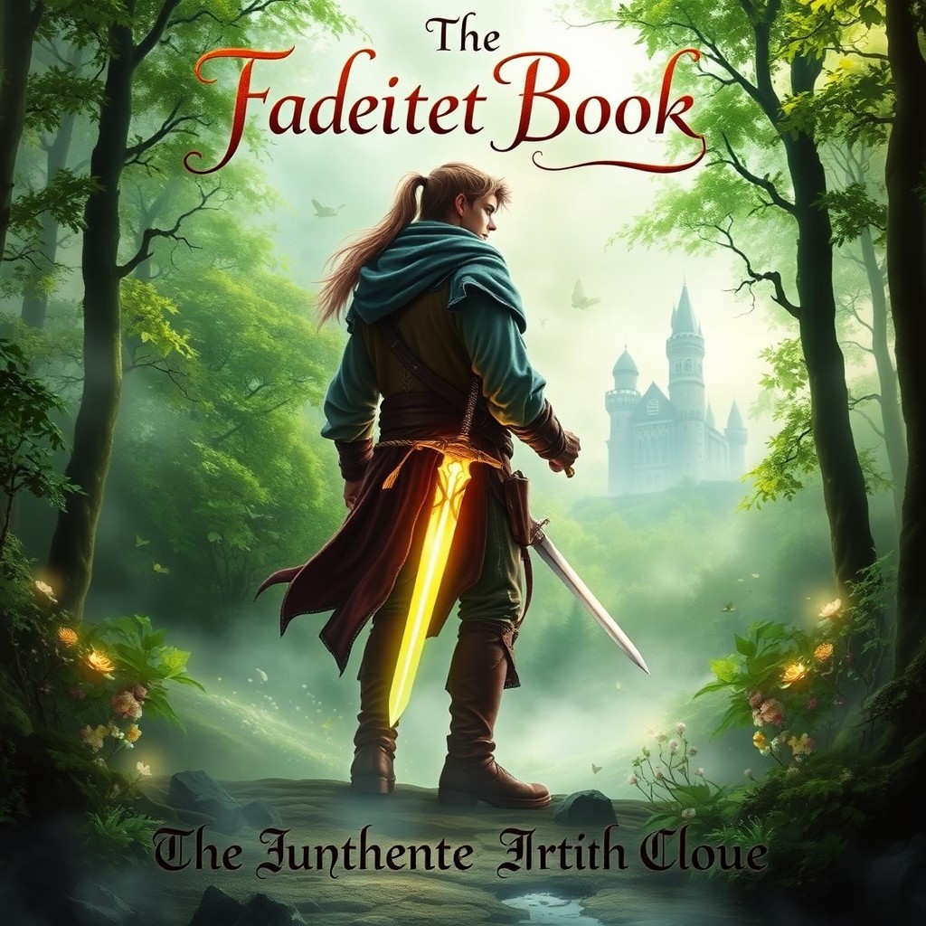A captivating book cover featuring a mystical forest shrouded in mist, with vibrant green trees and ethereal glowing flowers
