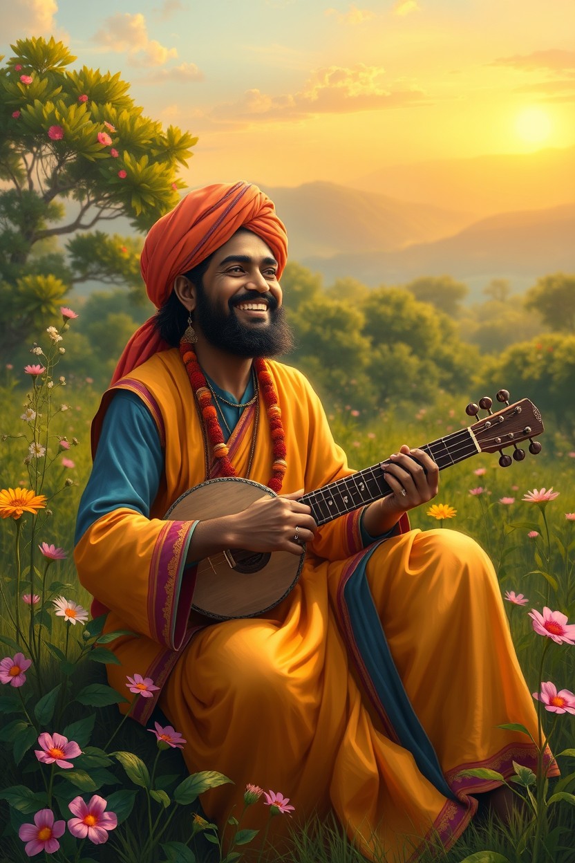 A beautiful digital painting of a Bengali baul fakira, adorned in vibrant traditional attire, capturing the essence of his culture and lifestyle