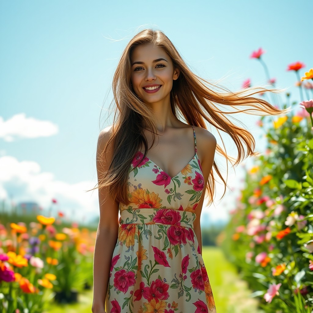 A young woman with long flowing hair, wearing a stylish summer dress adorned with floral patterns