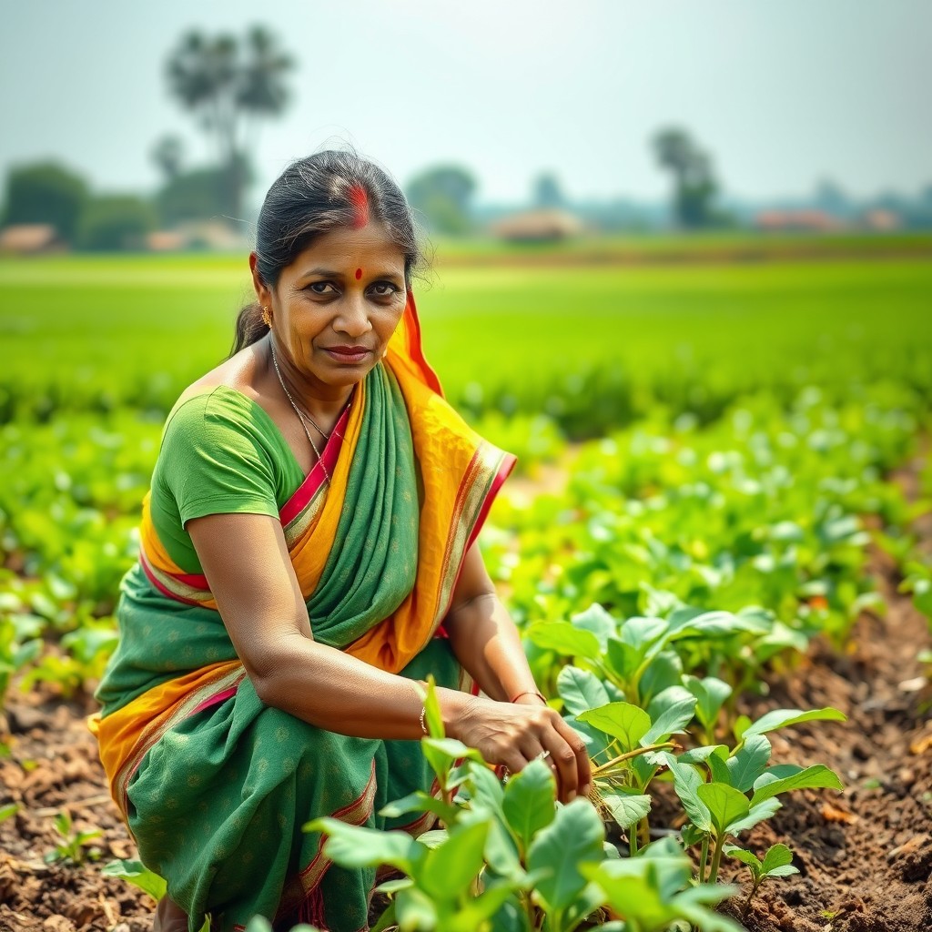 An Indian woman working diligently on a farm, wearing traditional attire such as a colorful saree or salwar suit