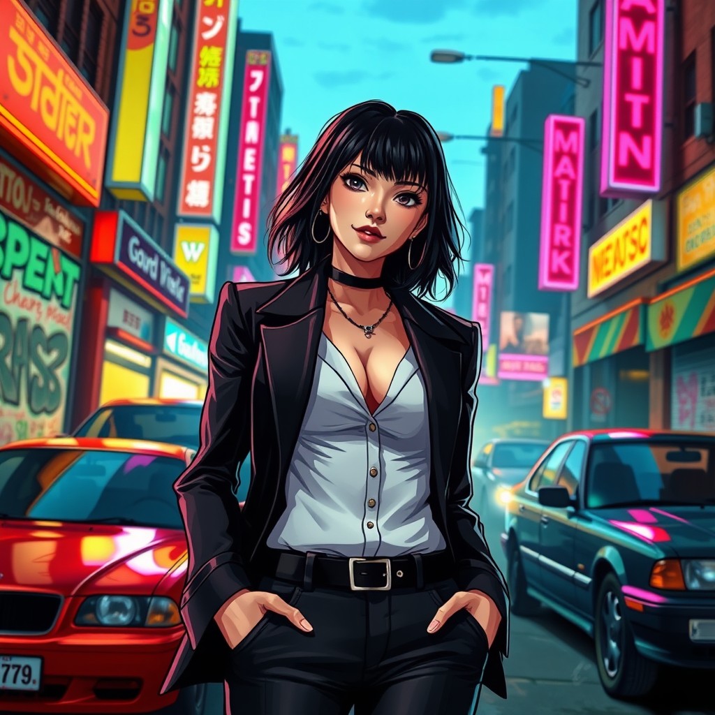 A digital artwork of Asuka Kasen from Grand Theft Auto 3, depicted as a stylish and confident woman dressed in elegant, high-fashion clothing suitable for a crime lord