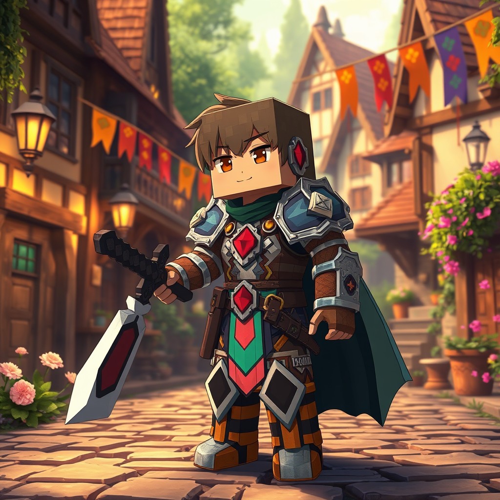 An anime-inspired Minecraft character set in a medieval fantasy realm