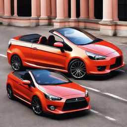 This is a high-resolution photograph of a tuned Mitsubishi Colt CZC convertible, painted in a bright coral color