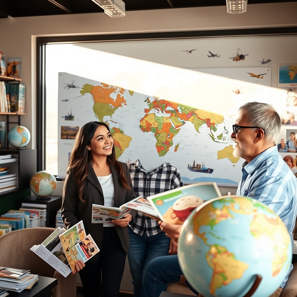 A travel agent's office filled with vibrant travel brochures, maps, and globes