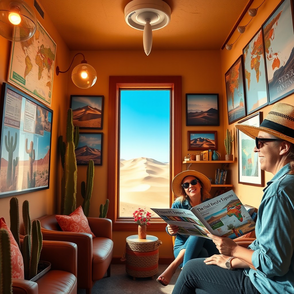 A whimsical and inviting desert travel agency office, featuring vibrant desert-themed decor, including cacti, vintage maps of desert landscapes, and stunning photographs of various deserts around the world