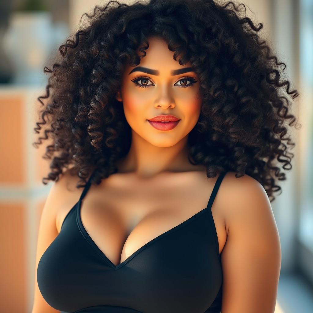 A beautiful curvy woman with curly dark hair and striking black eyes