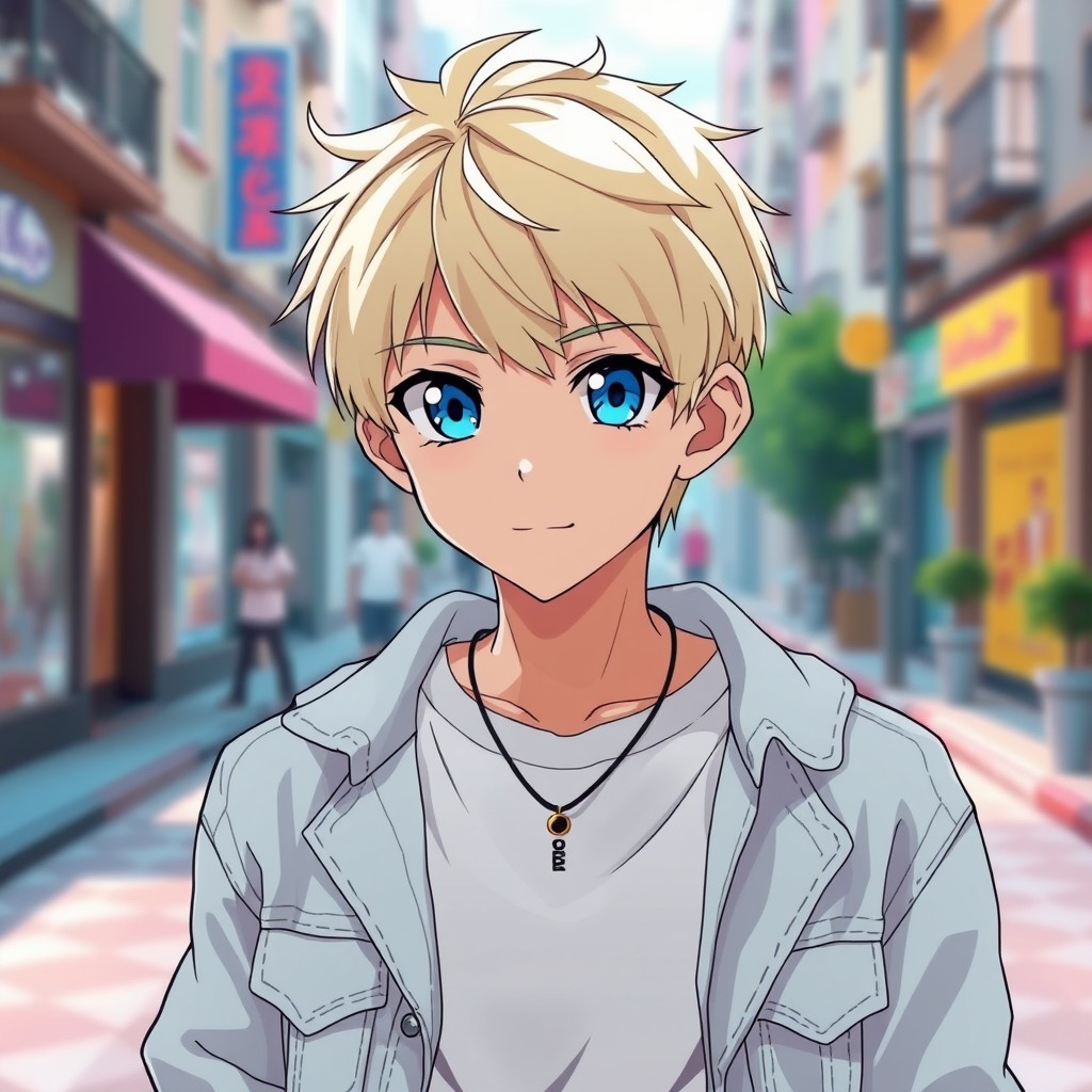 A stylish anime boy with a blonde French crop hairstyle, featuring sharp blue eyes and a confident expression