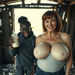 In a rundown, abandoned shack, a 19-year-old Black African woman, malnourished and with a wicked expression, holds a baby bottle filled with milk